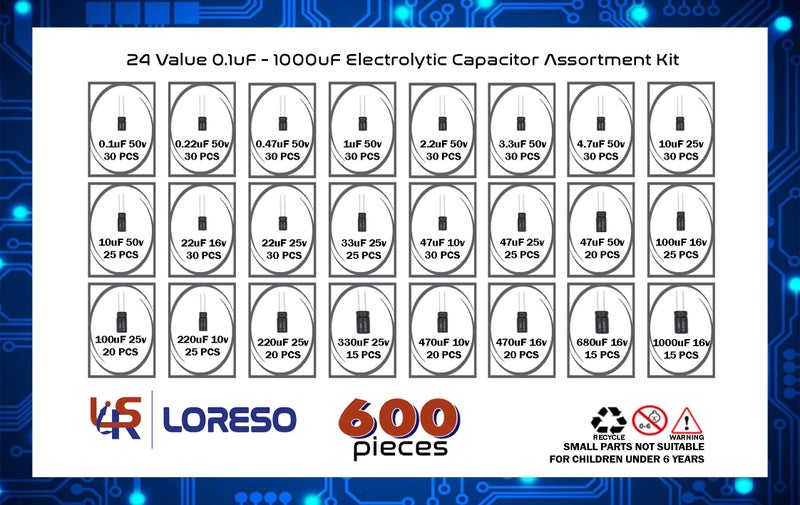 LSR LORESO Loreso Electrolytic Capacitor Variety Pack 600 pcs Assortment Kit Box - 600pcs 24 Value - Electrolytic Capacitors 0.1uf to 1000uf 50V, for Electronics Projects - Image 5